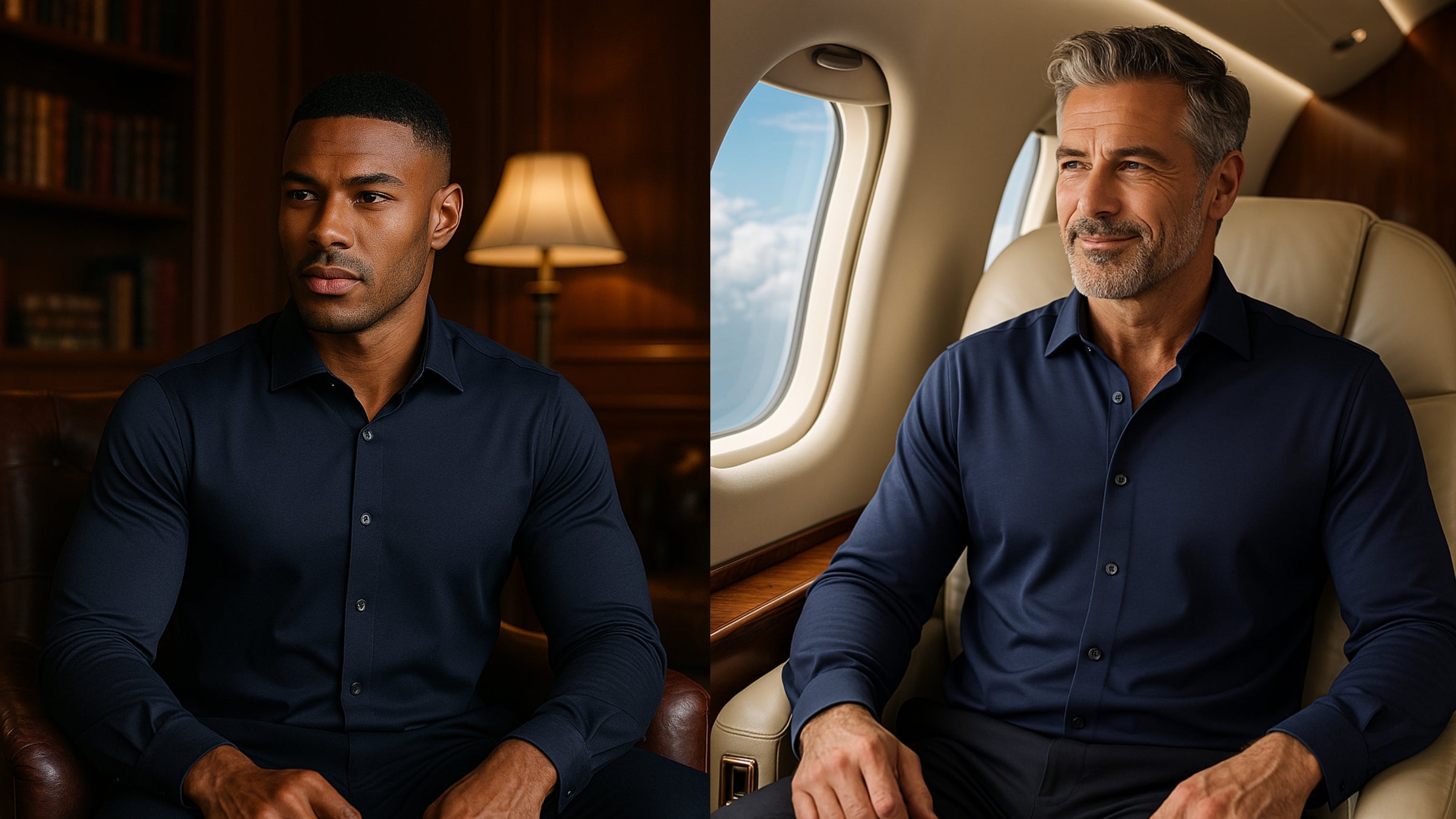 Classic Masculinity with distinguished men wearing the H & J Classic Navy Luxury Dress Shirts. One in a cigar lounge and the other on a private jet.