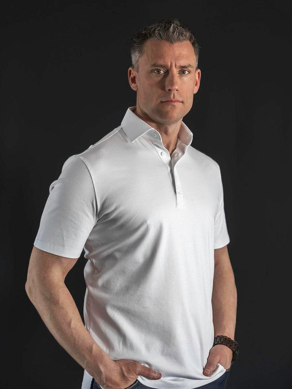 white dress polo shirt Atica Solid White Dress Collar Short Sleeve Cotton Stretch Performance Polo Shirt, L